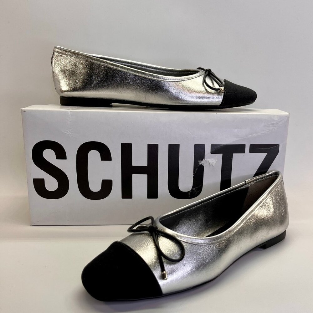SCHUTZ Silver and Black Cap-Toe Ballet Flats